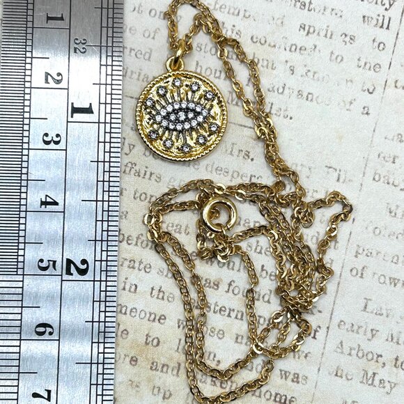 Yellow Gold Plated Evil Eye Symbol Pendant Charm Necklace With Clear Stones - Picture 6 of 9